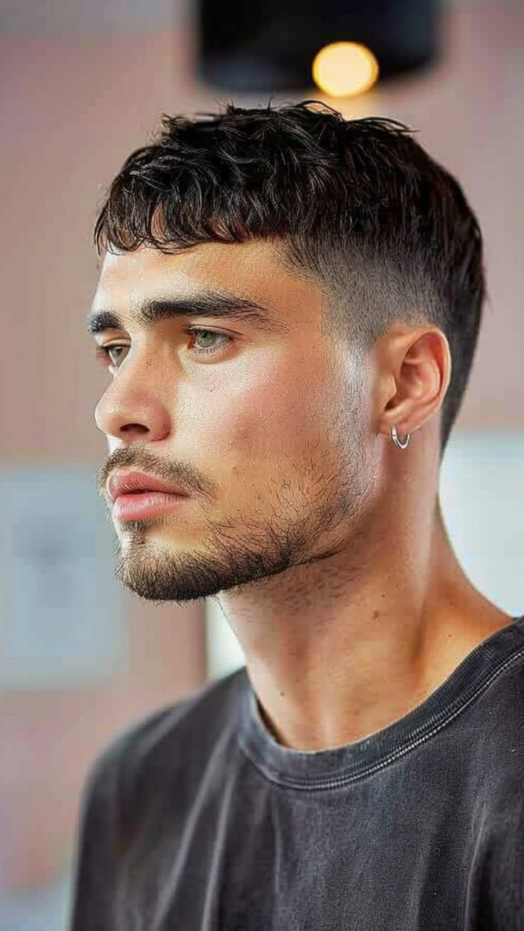 Caesar cut with textured fringe being styled at modern barbershop for 2026 trends