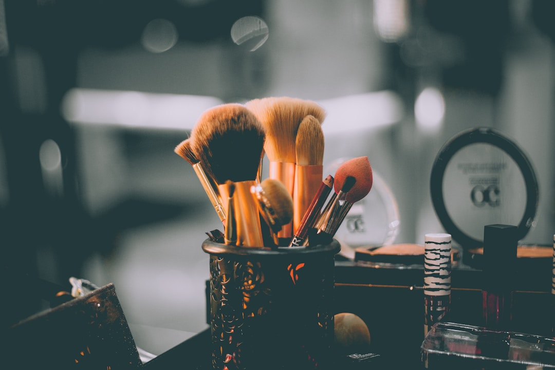 Beard grooming products and tools on barber station